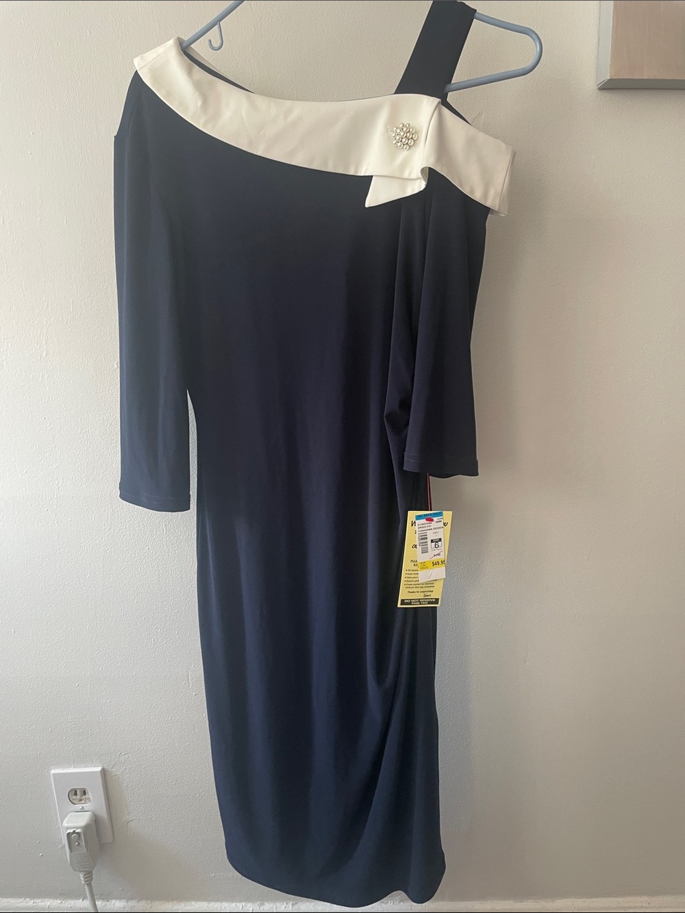 Joseph Ribkoff Navy One-Shoulder Dress with Cream Trim